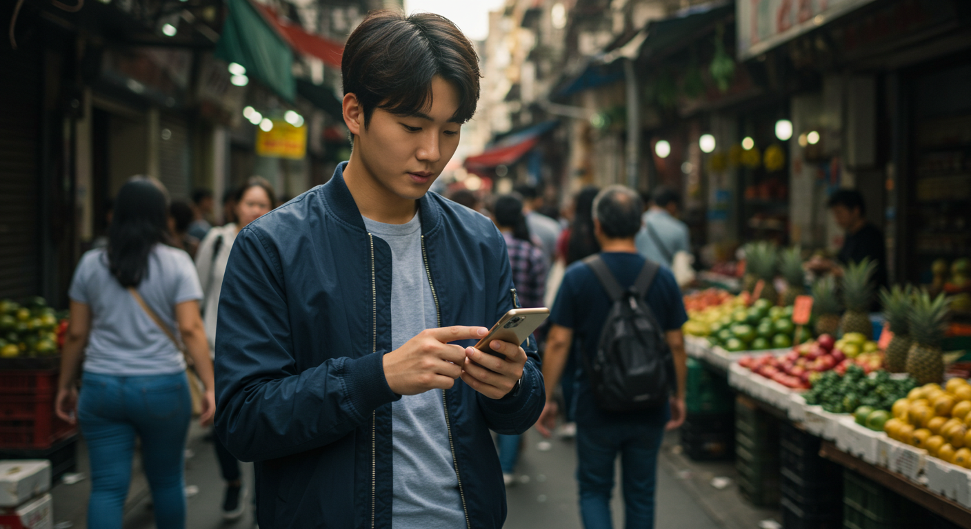 번화한 도시에서 스마트폰의 Google Maps 오프라인 지도로 길을 찾는 관광객.