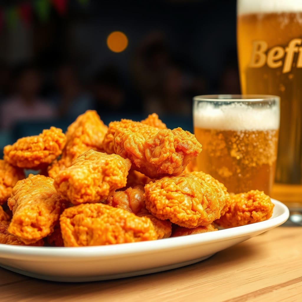 갓 튀긴 듯 노릇하고 바삭해 보이는 치킨 조각과, 그 옆에 놓인 시원한 맥주잔을 부각합니다. 먹음직스러운 질감과 색감을 강조하여 보는 이의 식욕을 자극하고, 축제의 메인 테마를 선명하게 보여줍니다.