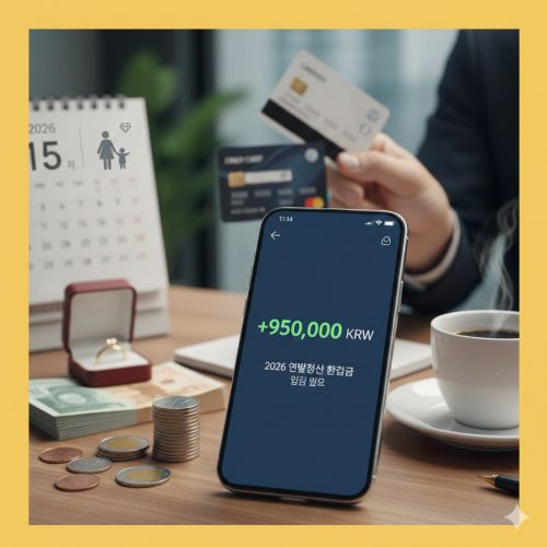 2026년 연말정산 환급금 조회 화면과 15일 일정이 표시된 달력, 신용카드와 결혼반지가 놓인 책상 위 썸네일 이미지