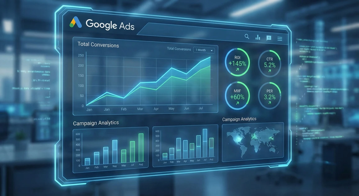 구글애즈 캠페인 성과 대시보드와 광고 최적화 지표를 보여주는 디지털 마케팅 인터페이스
