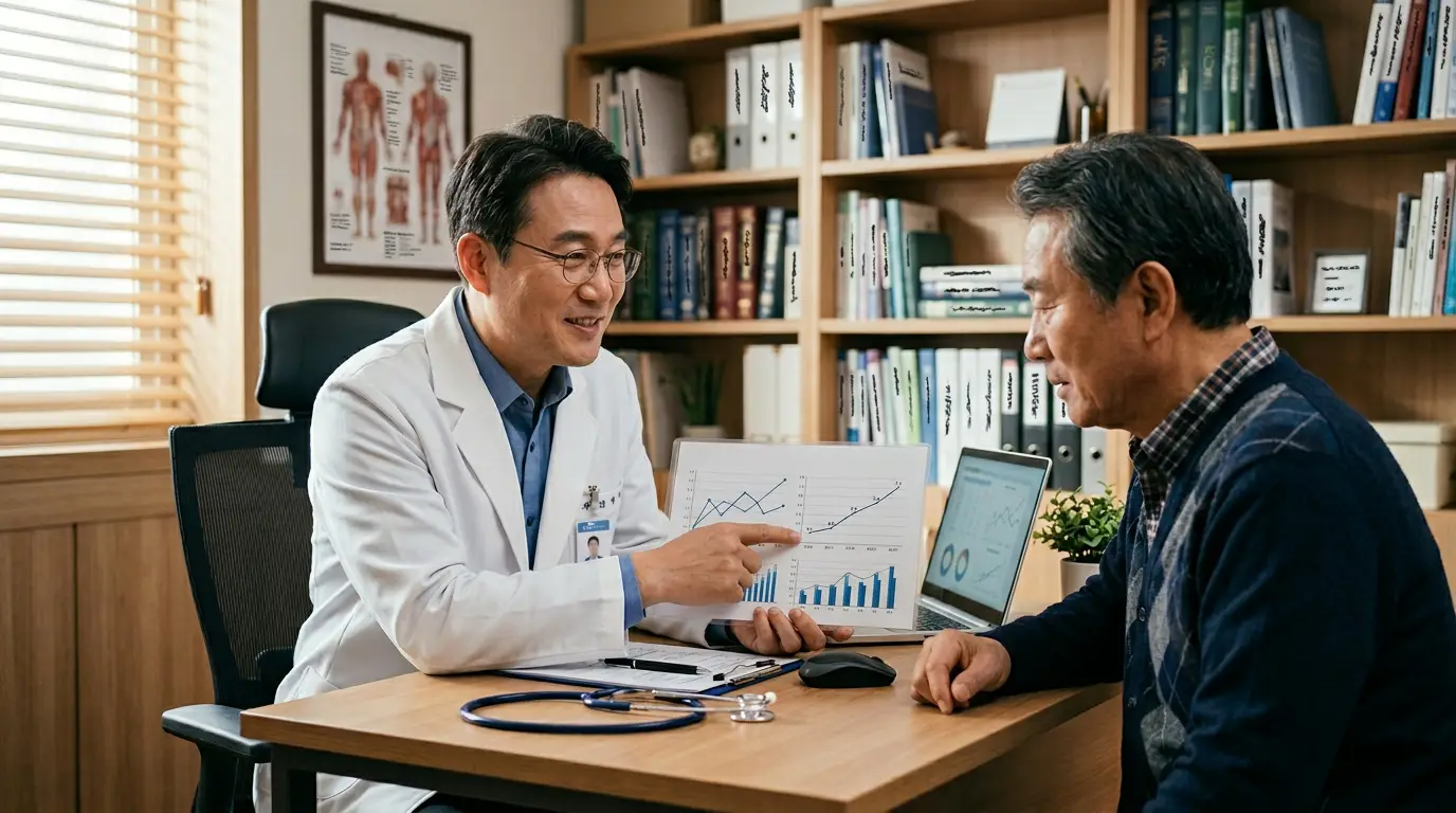 검사 결과를 보며 요산 수치 변화를 설명하는 의사와 환자