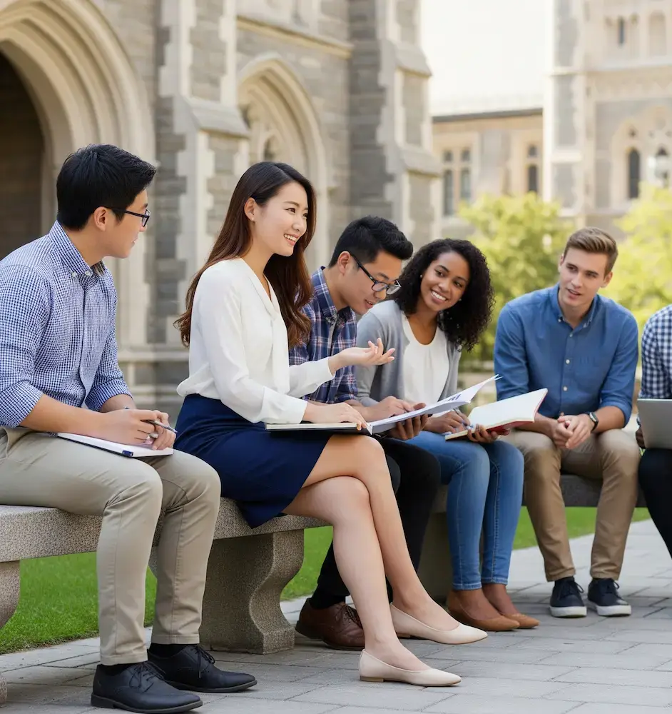 캐나다 토론토 대학교 St. George 캠퍼스의 고풍스러운 건물 앞에서 다양한 인종의 학생들이 함께 공부하며 토론하는 모습