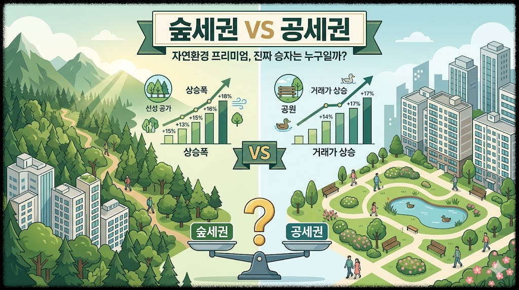 숲세권 VS 공세권 실제 거래가 상승폭 비교 : 자연환경 프리미엄의 진짜 승자는 누구일까