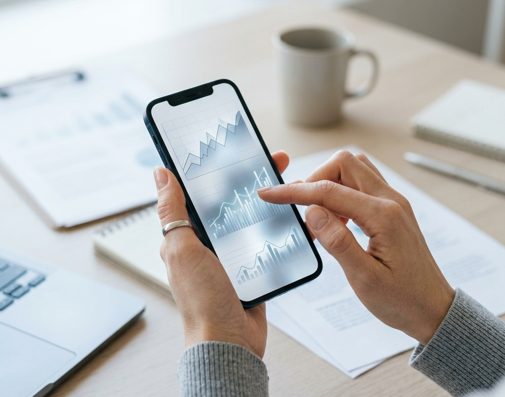 스마트폰을 들고 금융 데이터 차트를 보고 있는 손, 흐릿한 배경에 노트북과 서류가 놓인 사무 공간, 금융 정보 분석과 선별을 상징하는 차분한 이미지