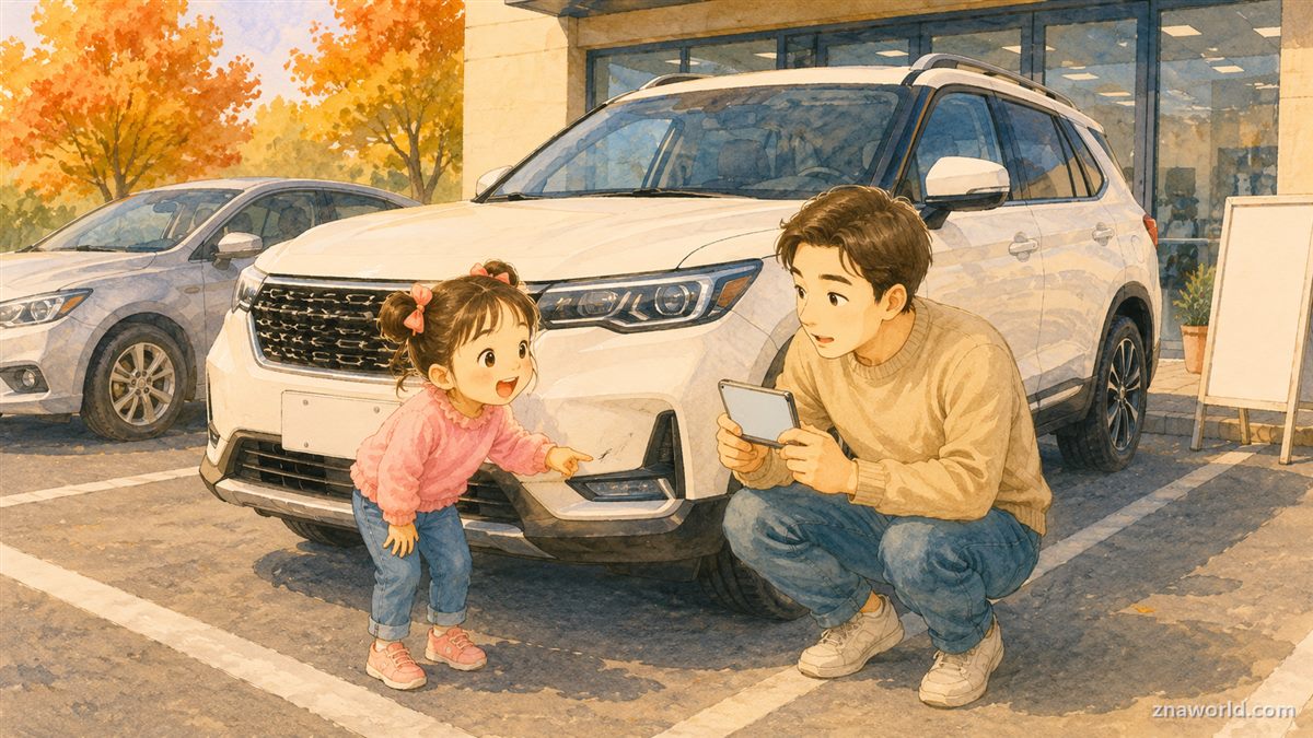렌터카 인수하며 흠집을 사진으로 남기는 아빠와 아이
