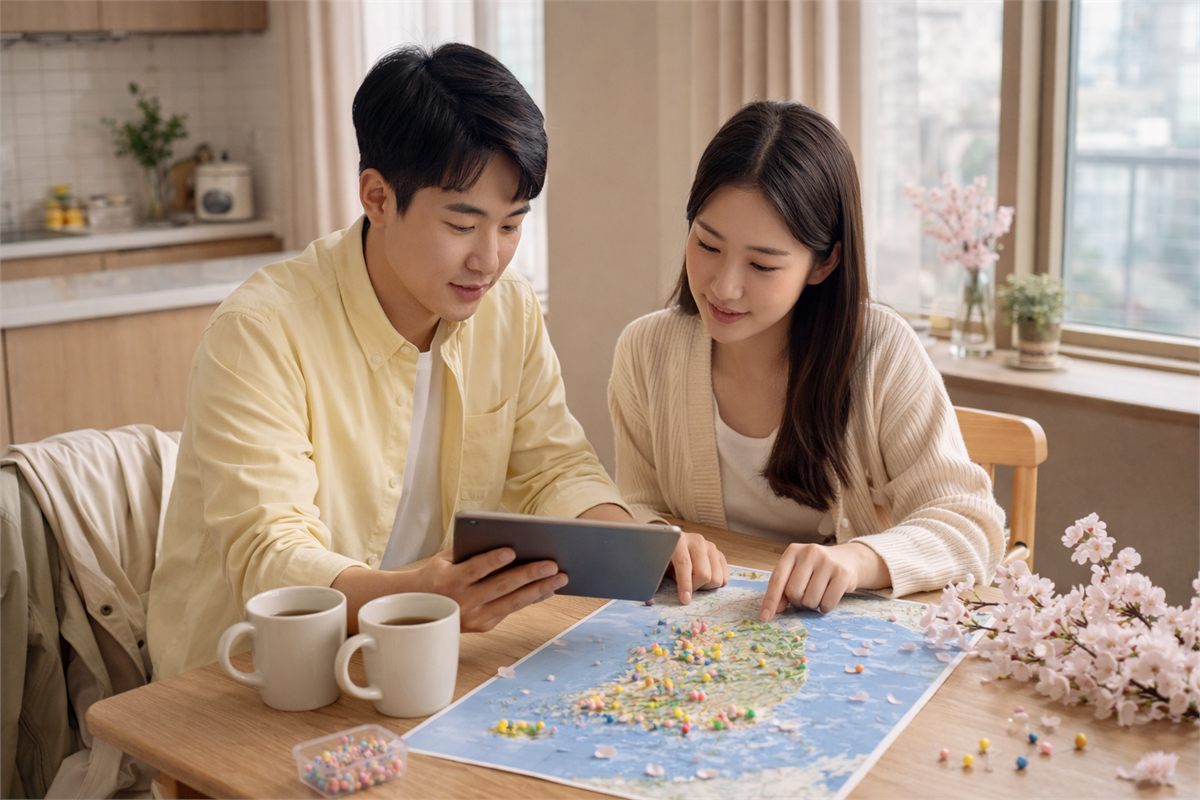 집에서 4월 봄 축제 일정을 함께 살펴보는 한국인 커플