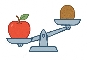 저울을 사용하여 사과와 키위의 무게를 비교하기