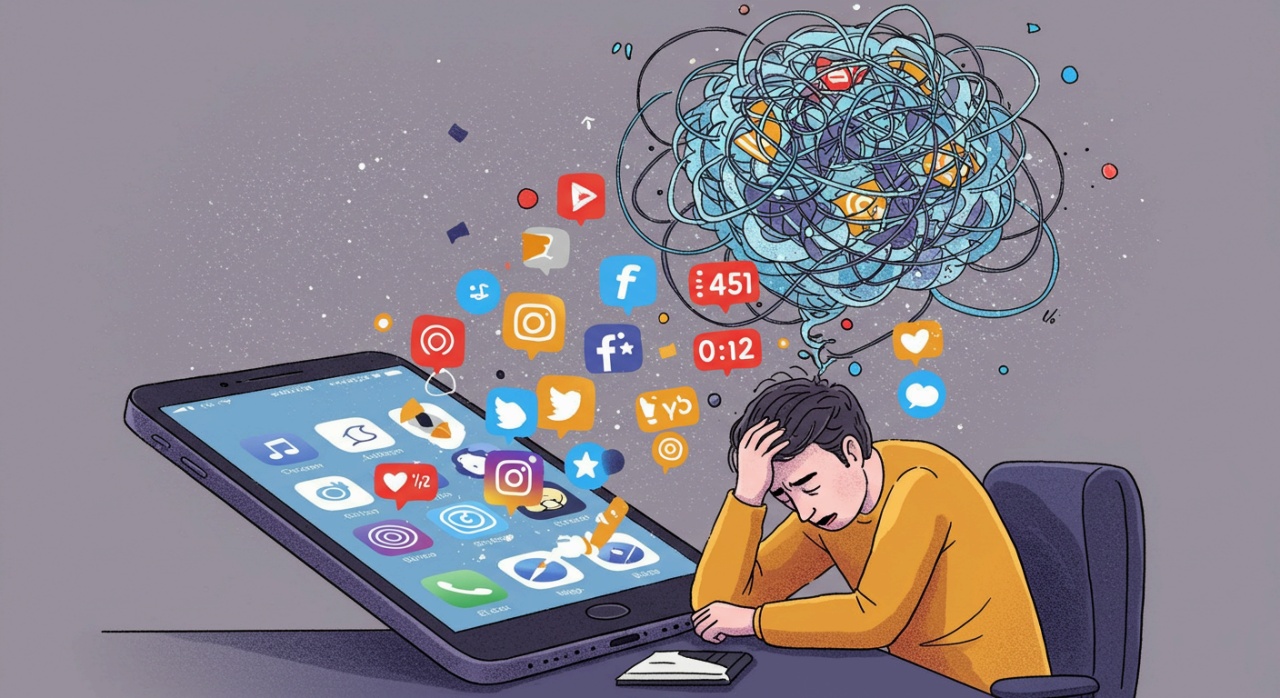 스마트폰의 수많은 sns, 좋아요, 알람 등으로 피곤해하는 사람