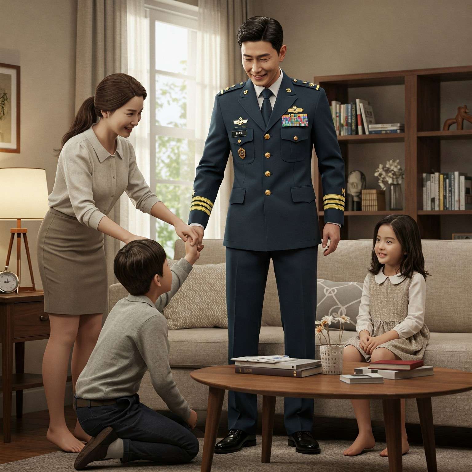 정복을 입은 군 장교가 가족과 함께 시간을 보내는 따뜻한 실내 장면