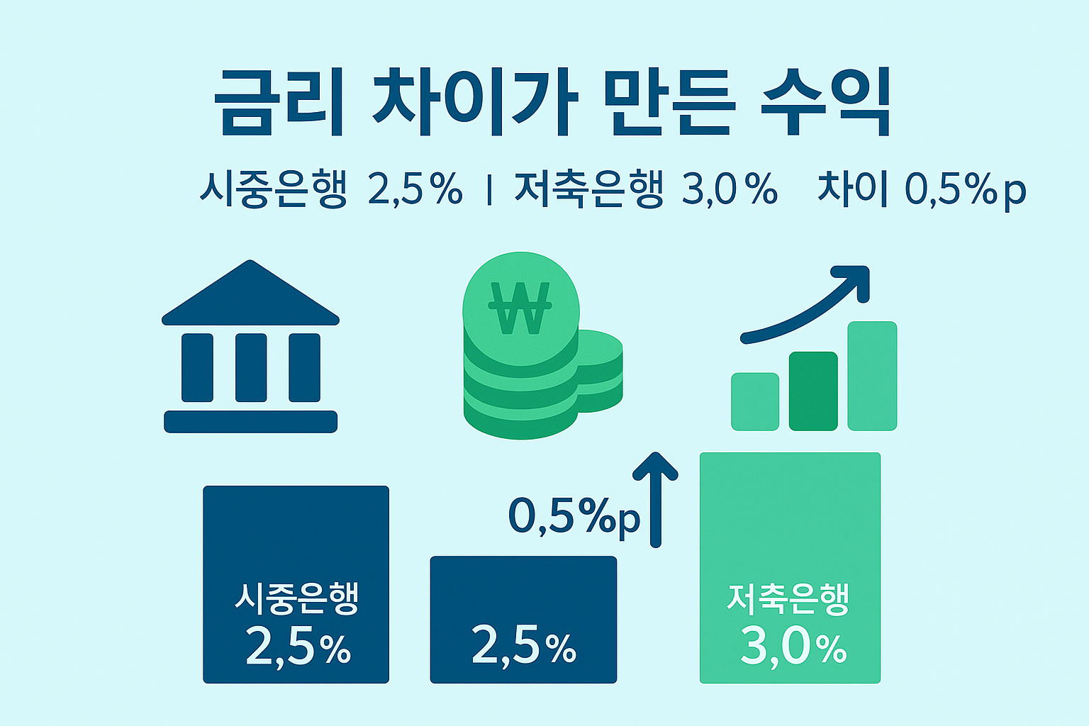 저축은행 정기예금 금리 비교를 통해 고금리와 저금리의 실제 수익 차이를 시각적으로 보여주는 인포그래픽으로 예금 금리 선택의 중요성을 설명