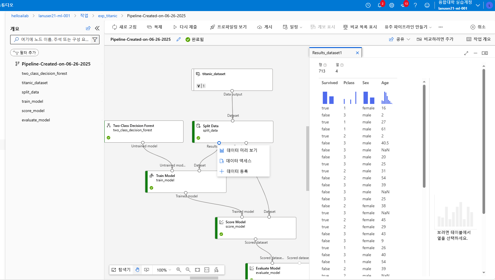 Azure ML Score Model 출력 결과에서 Scored Labels&middot;Scored Probabilities 컬럼이 포함된 Titanic 예측 결과