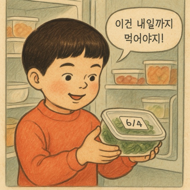 냉장고 앞에서 소분 반찬 정리하는 주인공
