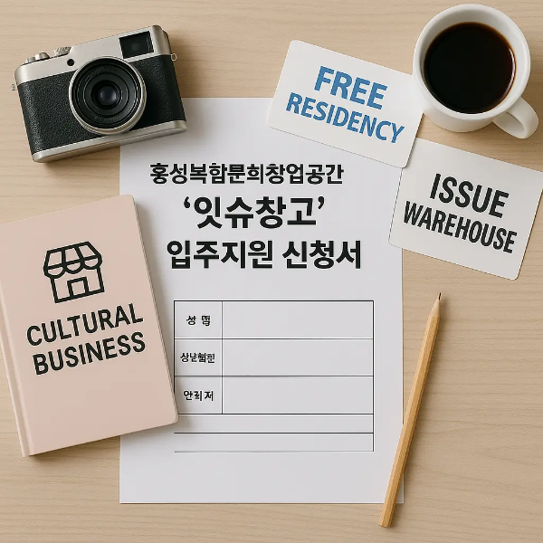 ‘잇슈창고’ 입주지원 신청서, CULTURAL BUSINESS 안내책자, 필름카메라, 커피잔이 정돈된 문화창업 관련 사물 스튜디오컷 이미지