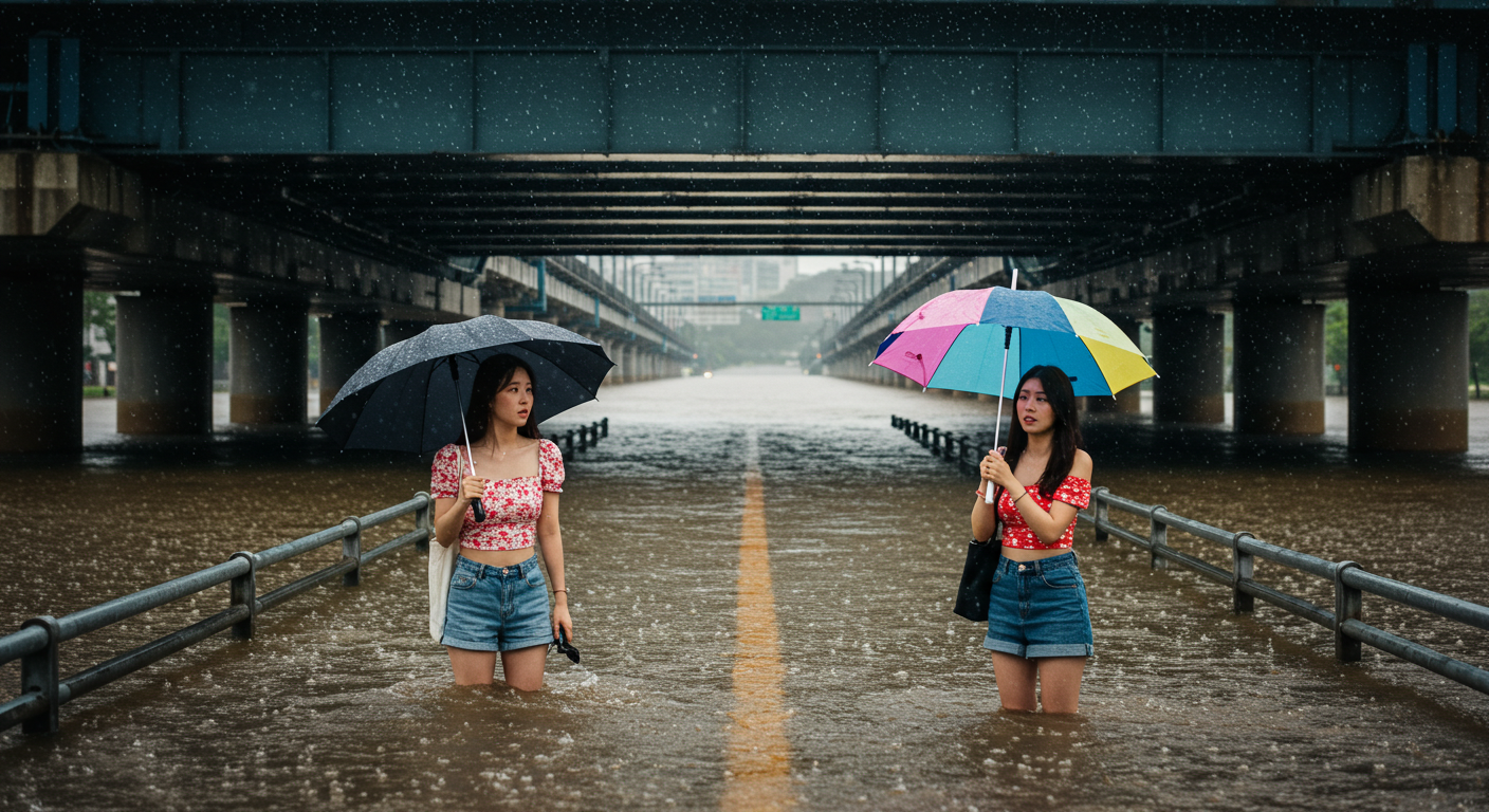 침수된 도로 위 두 여성