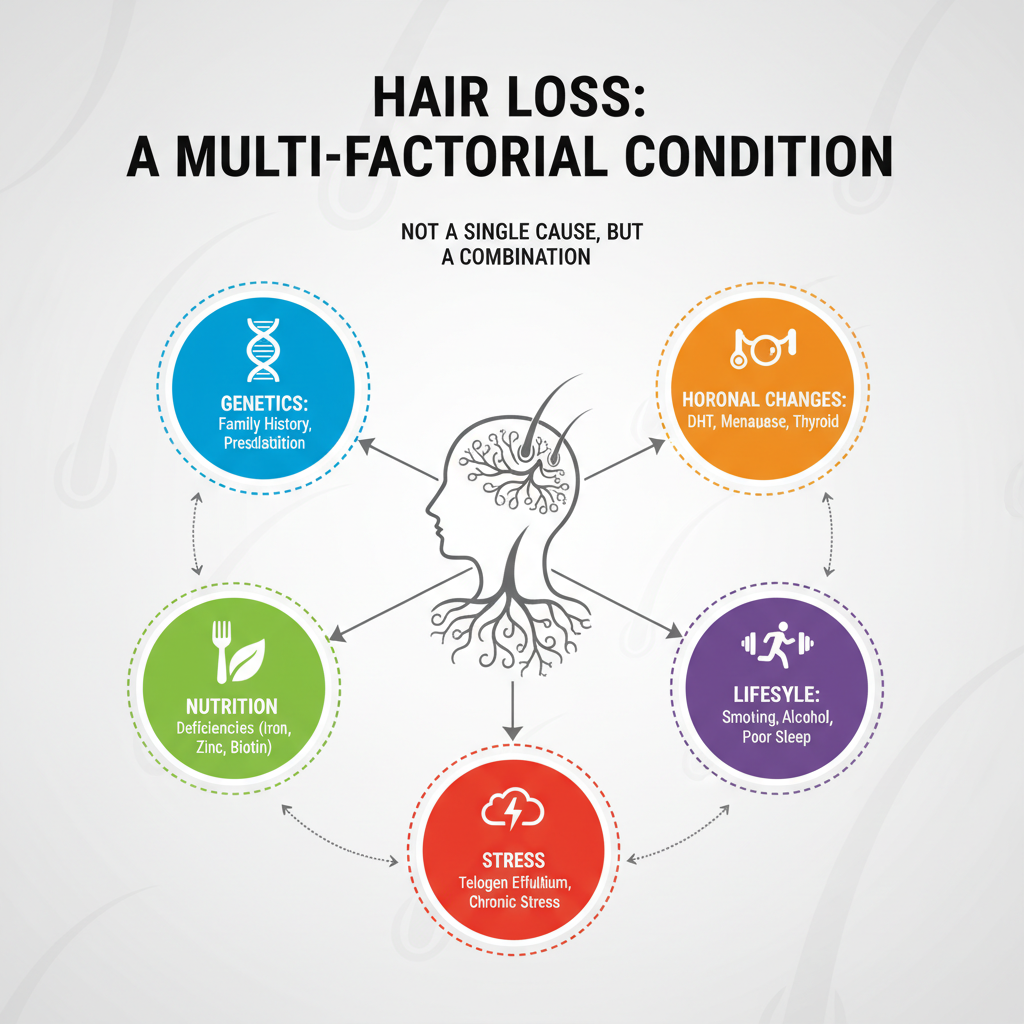 탈모는 단일 원인보다는 유전, 호르몬 변화, 생활습관, 영양 상태, 스트레스 등 여러 요인이 복합적으로 작용하는 것을 설명하는 인포그래픽