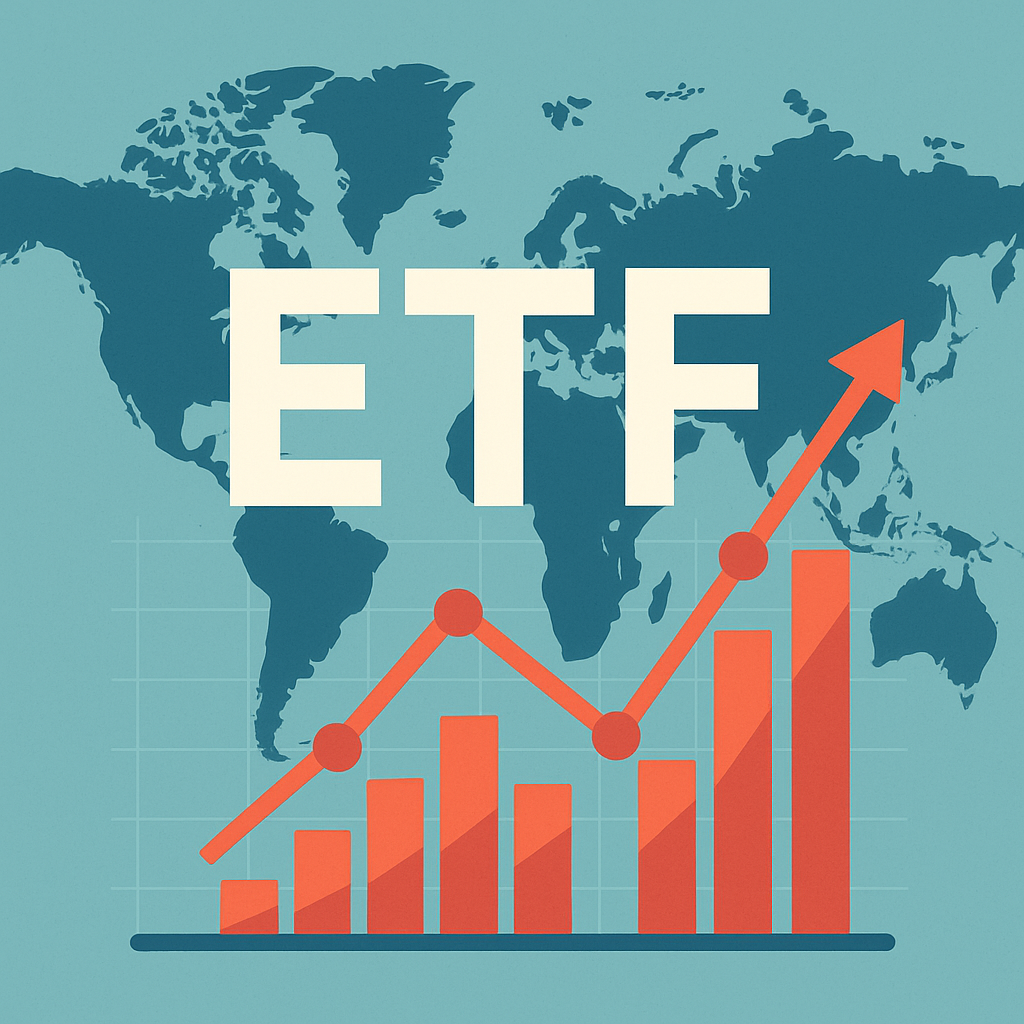 세계 지도 위에 ETF 로고와 주식 그래프가 있는 일러스트