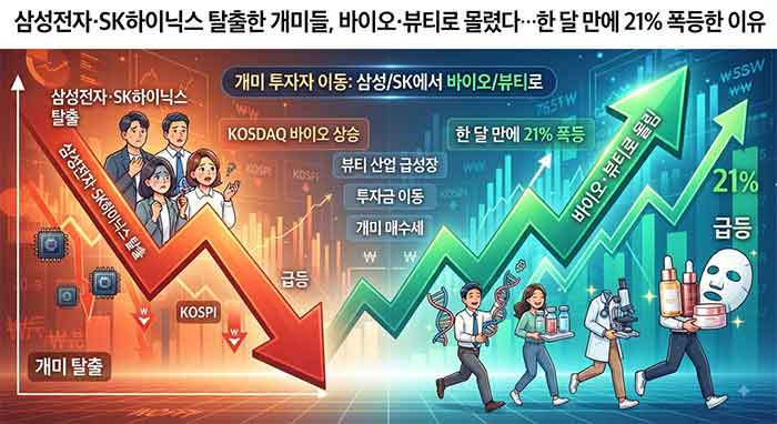 반도체에서 바이오·뷰티로 이동하는 개인 투자자들의 모습을 담은 그래프 이미지
