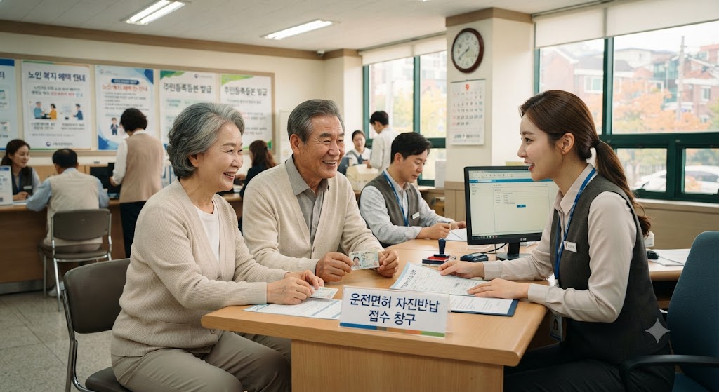 주민센터에 방문해서 면허반납하고 교통카드를 수령받는 노부부