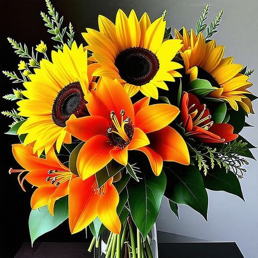 노란 해바라기와 오렌지 백합