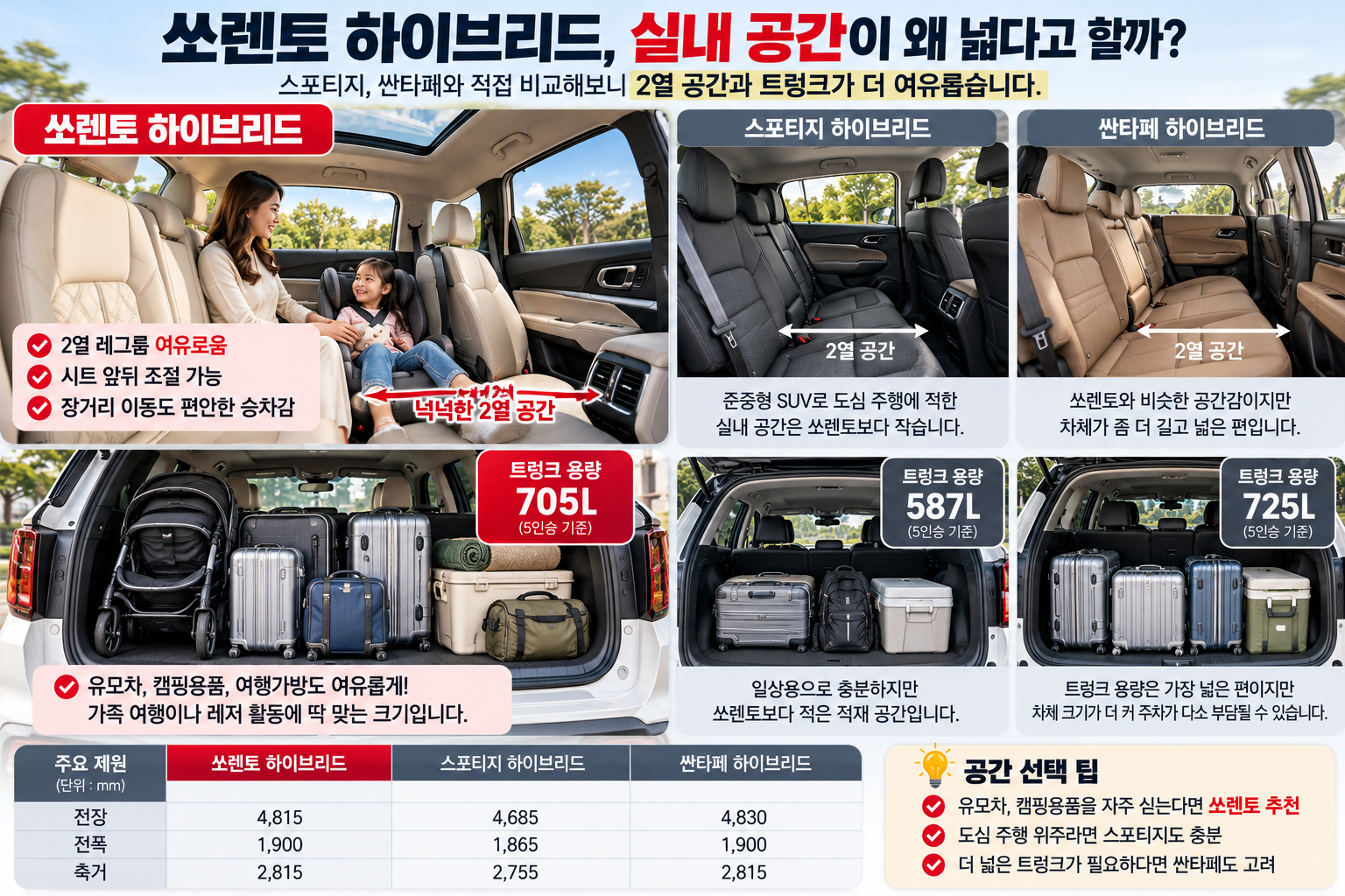 쏘렌토 스포티지 싼타페 실내 공간과 2열 3열 비교