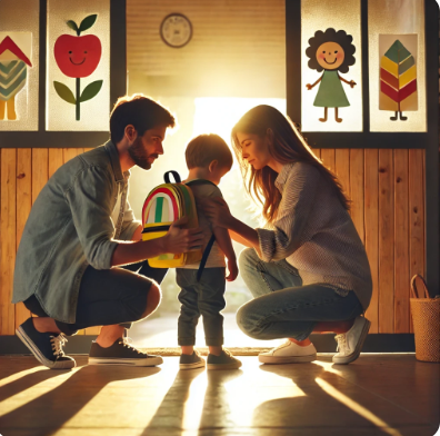 어린이집 가기 전 아이와 이야기하는 부모님 관련 사진