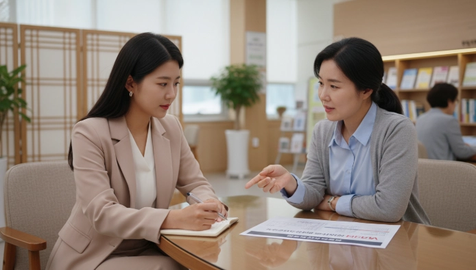 긴급복지 신청 보류에 대해 주민센터 사회복지사와 상담하며 해결책을 논의하는 여성의 모습.