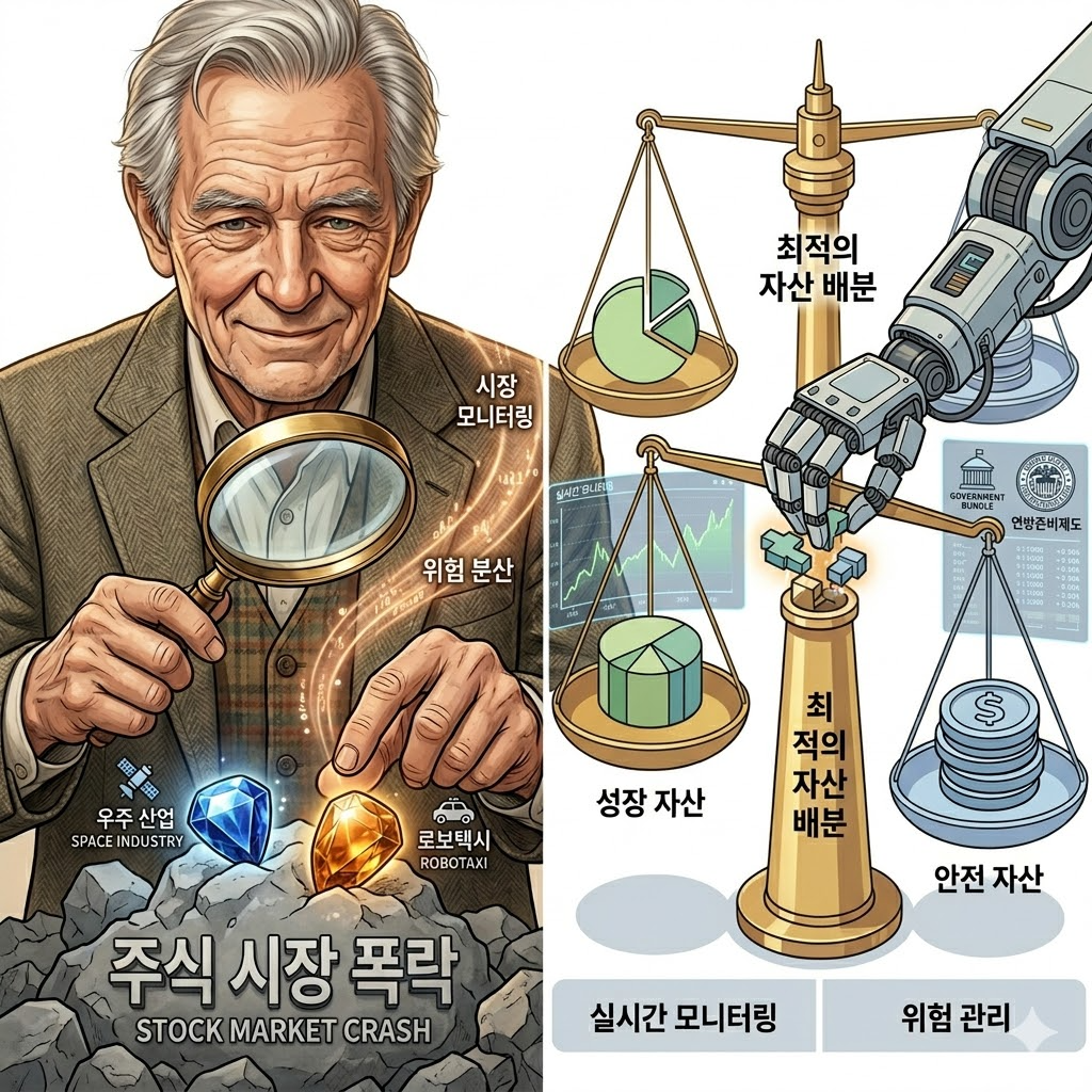 워런 버핏이 돋보기를 들고 폭락한 종목들 사이에서 황금빛 보석(우주·로보택시)을 찾아내는 위트 있는 일러스트