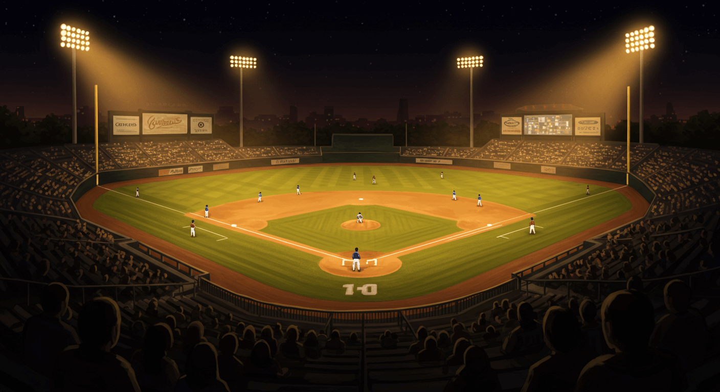 한국인 인물이 야구장에서 밝은 조명 아래 서 있는 장면&amp;#44; 끊김 없는 리그 운영을 표현 2