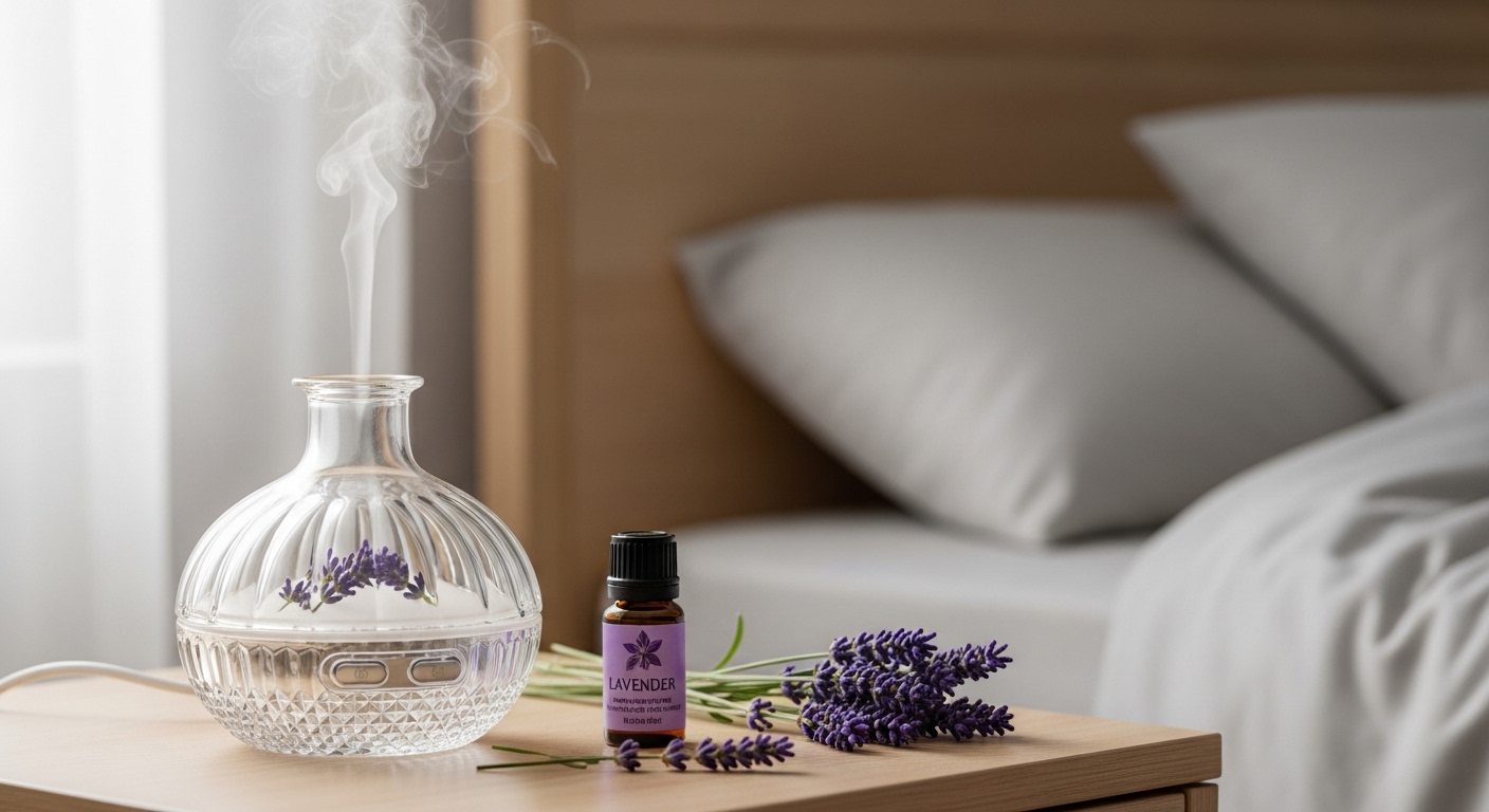 침대 옆 테이블 위에서 라벤더 향 증기를 부드럽게 내뿜고 있는 아로마 디퓨저.