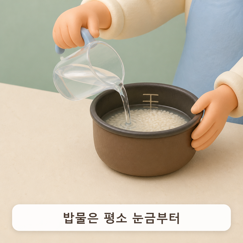전기밥솥 내솥 눈금선에 맞춰 물을 붓는 손