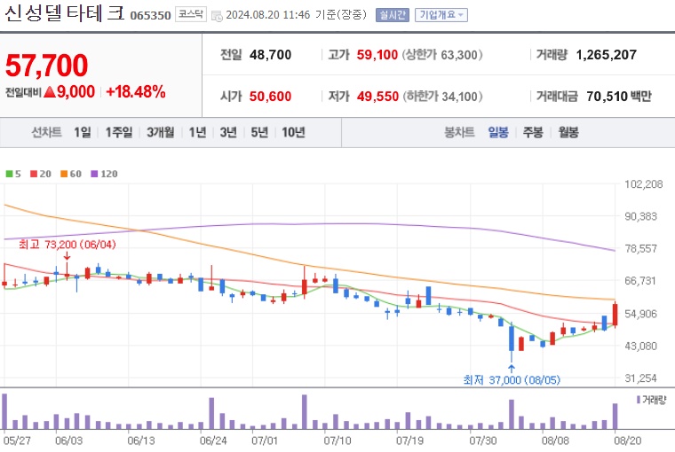 신성델타테크 주가 (0820)
