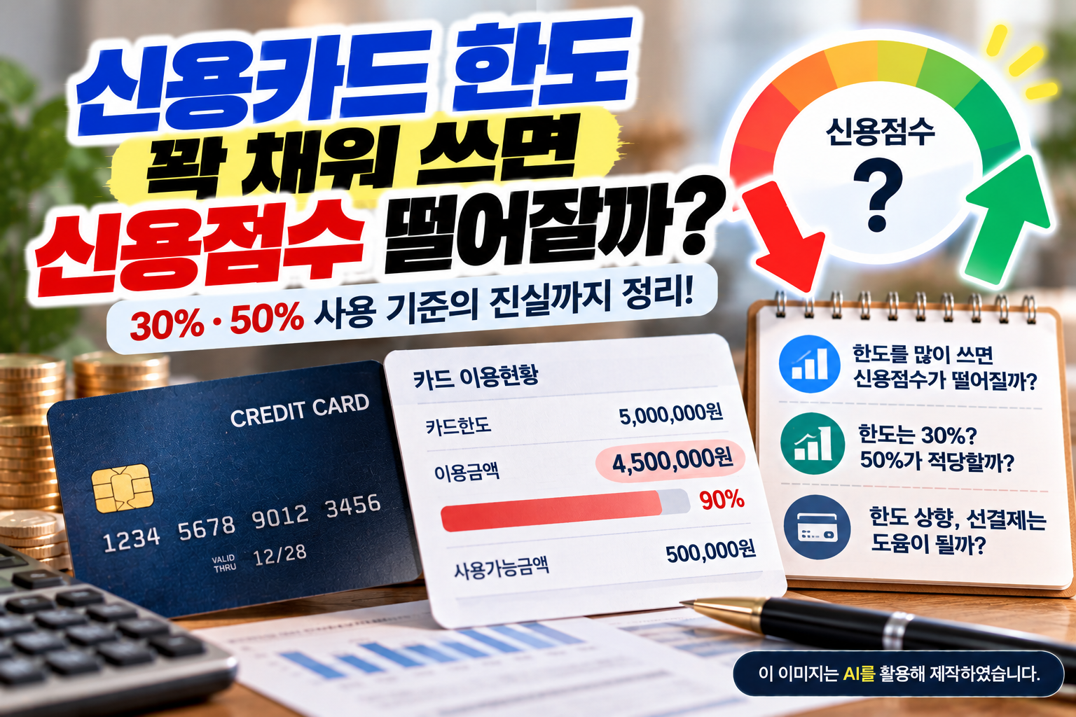 신용카드 한도를 꽉 채워 사용하면 신용점수가 떨어지는지, 카드 한도 사용률 30%·50% 기준과 신용관리 방법을 설명하는 이미지