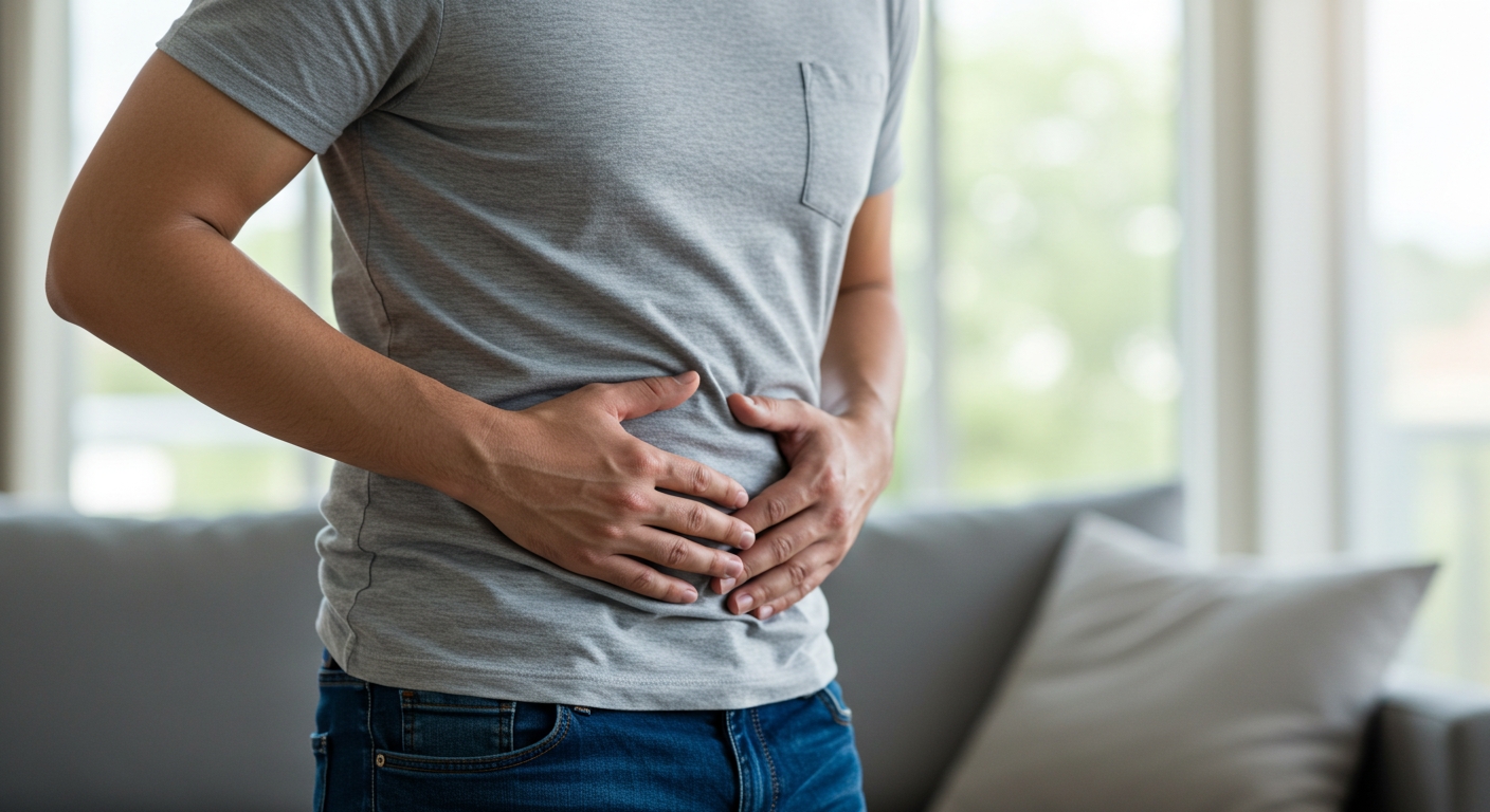 소화 불량으로 손을 배에 잡고 있는 남성의 모습