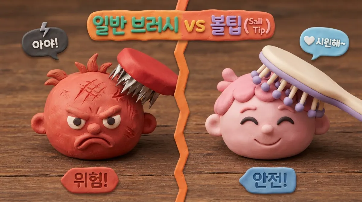 좌측은 날카로운 솔이 빨갛게 자극받는 두피를 긁는 모습, 우측은 둥근 볼팁이 편안한 분홍색 두피를 부드럽게 쓸어주는 안전 모습을 좌우 비교한 클레이 인포그래픽