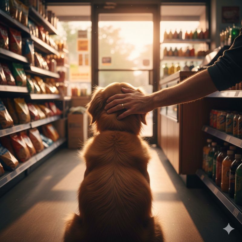 편의점 카운터 안쪽 공간에 사장님을 신뢰하듯 등을 돌리고 앉아있는 강아지와 그 강아지를 쓰다듬는 사장님의 손