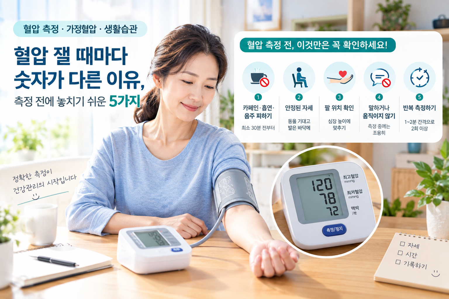 집에서 올바른 자세로 혈압을 측정하며 가정혈압 측정 전 확인할 5가지 사항을 보여주는 건강관리 이미지