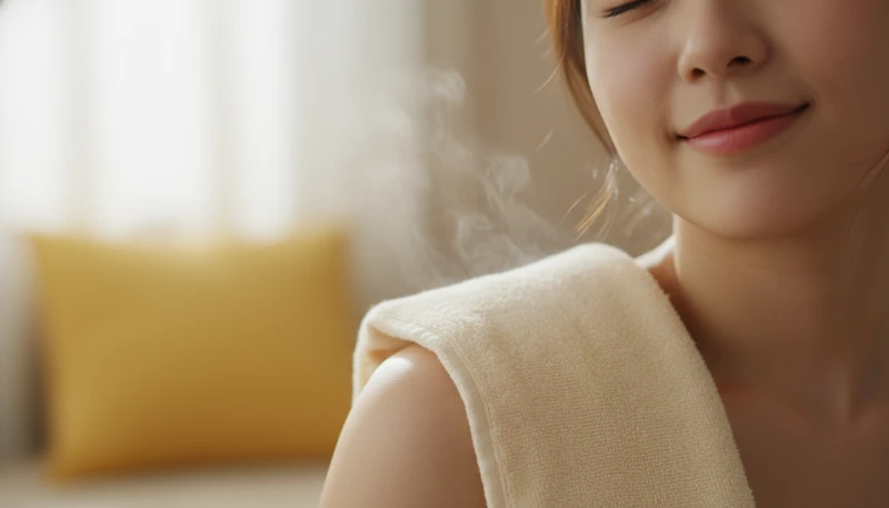 오십견 어깨 통증 완화를 위해 온찜질을 하는 모습