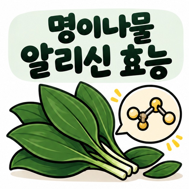 명이나물 잎과 황화합물 아이콘 옆에 명이나물 알리신 효능이라는 제목이 크게 적힌 대표 썸네일