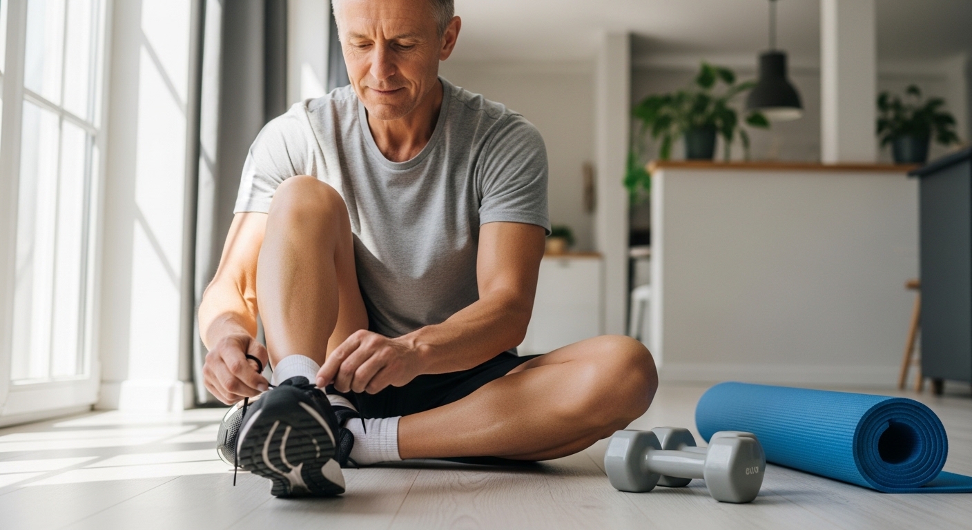 운동을 하기전 운동화를 고쳐신고 있다.