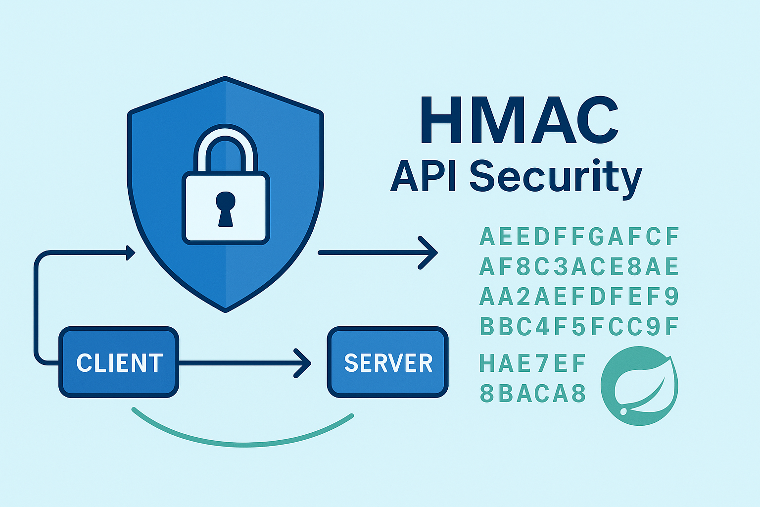 Spring Security HMAC API authentication security diagram with shield and data flow