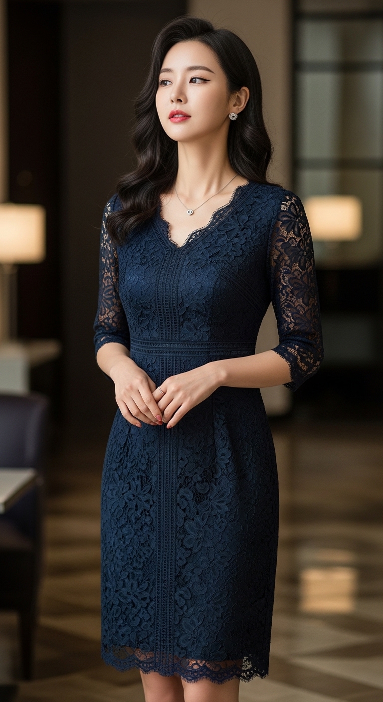 은은한 네이비 컬러의 레이스 자수 원피스