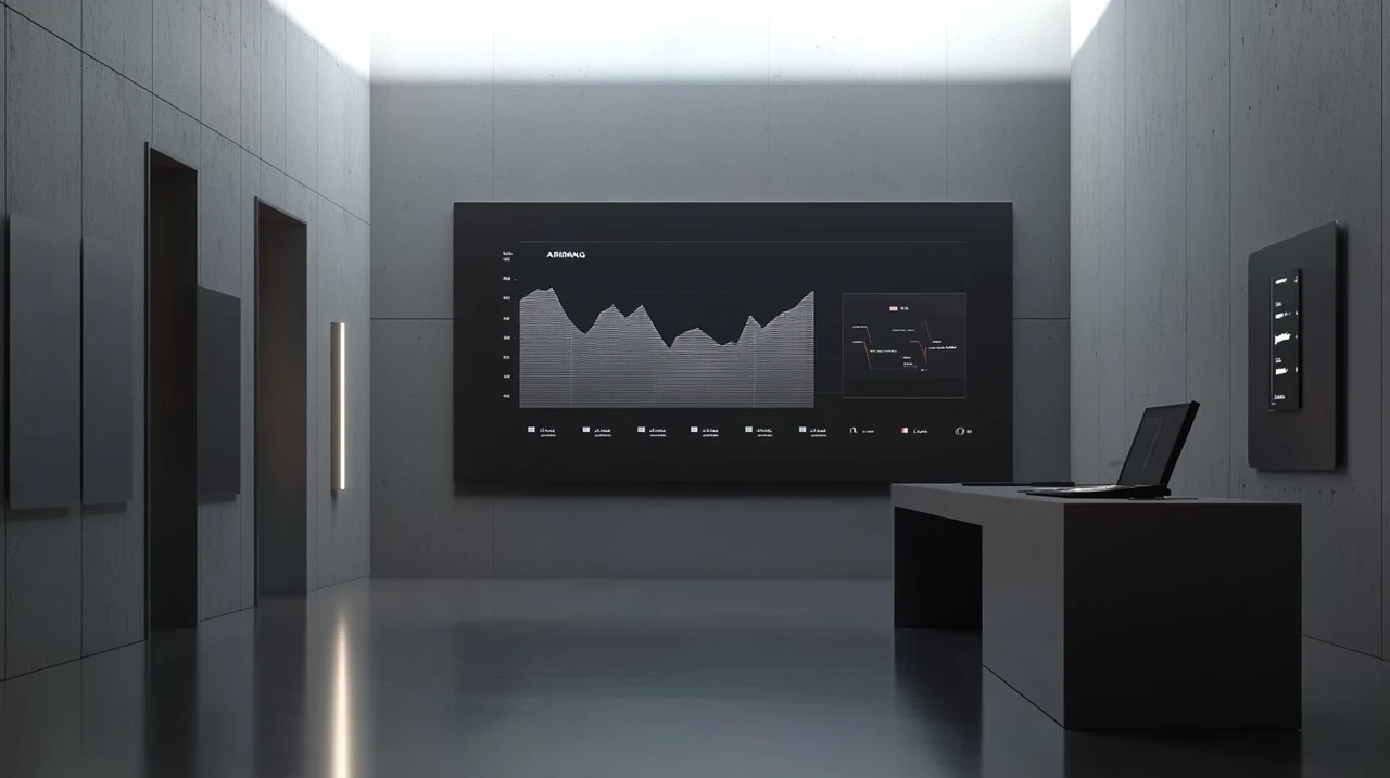 혁신적인 금융 허브에서 날카롭게 선명하게 보이는 세련된 디지털 인터페이스의 ARIRANG ETF 성과 그래프, 밝은 흰색 조명과 미래지향적인 분위기가 강조됨