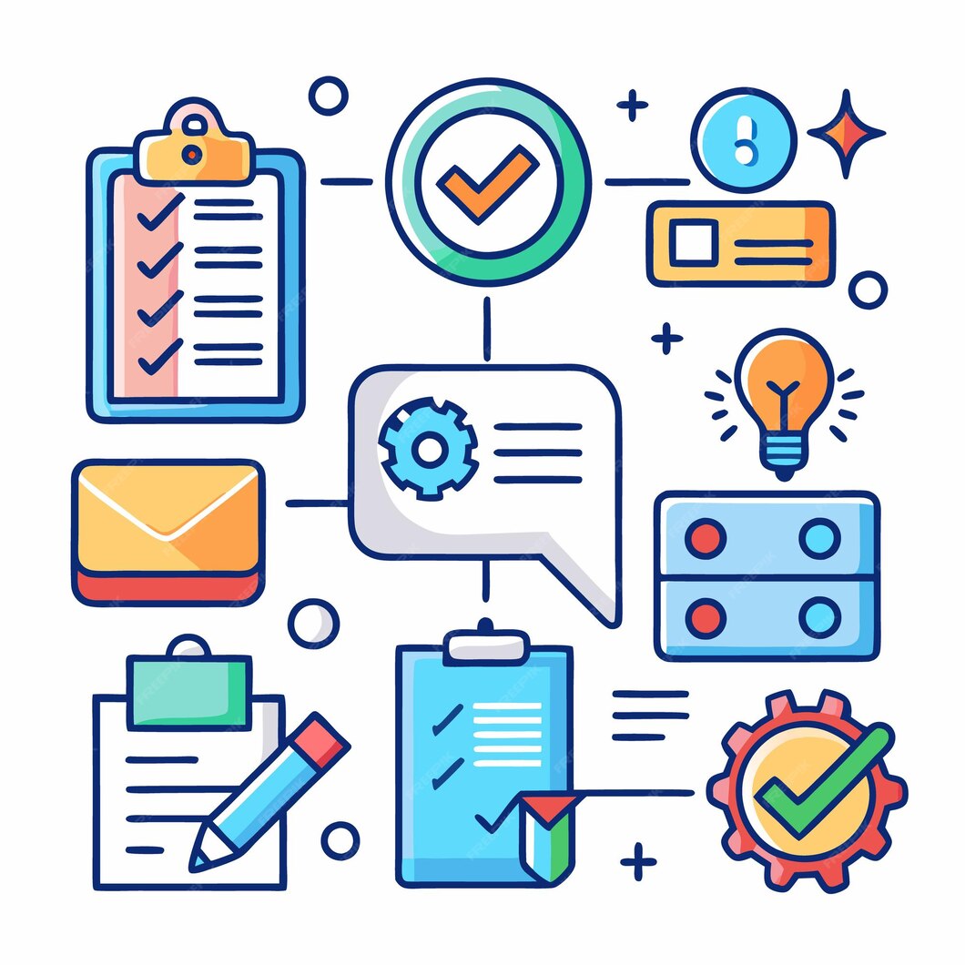 체크리스트와 기어 아이콘이 결합된 업무 자동화 디자인