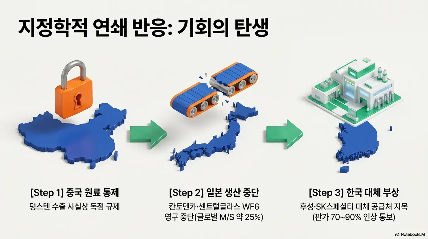 후성 주가 전망: 후성 수혜로 이어진 지정학적 연쇄 반응을 3단계로 정리한 인포그래픽. 중국 텅스텐 수출 통제, 일본 칸토덴카·센트럴글라스의 WF6 영구 생산 중단(글로벌 점유율 약 25%), 한국 후성·SK스페셜티의 대체 공급처 부상과 판가 70~90% 인상 통보를 순서대로 보여줌.