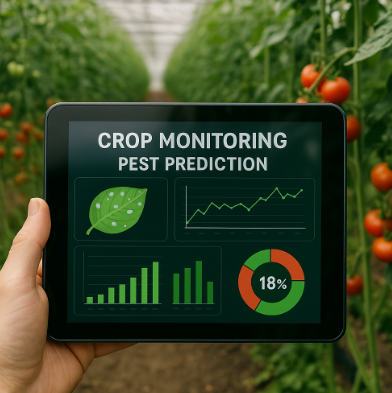 온실 속에서 태블릿으로 작물 병해충 예측 데이터를 확인하는 모습
