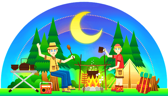 초승달이 뜬 달밤에 야외에서 텐트 치고 장작불 앞에서 요리하는 두 남자 그림으로 무척 행복하게 웃고 있다.