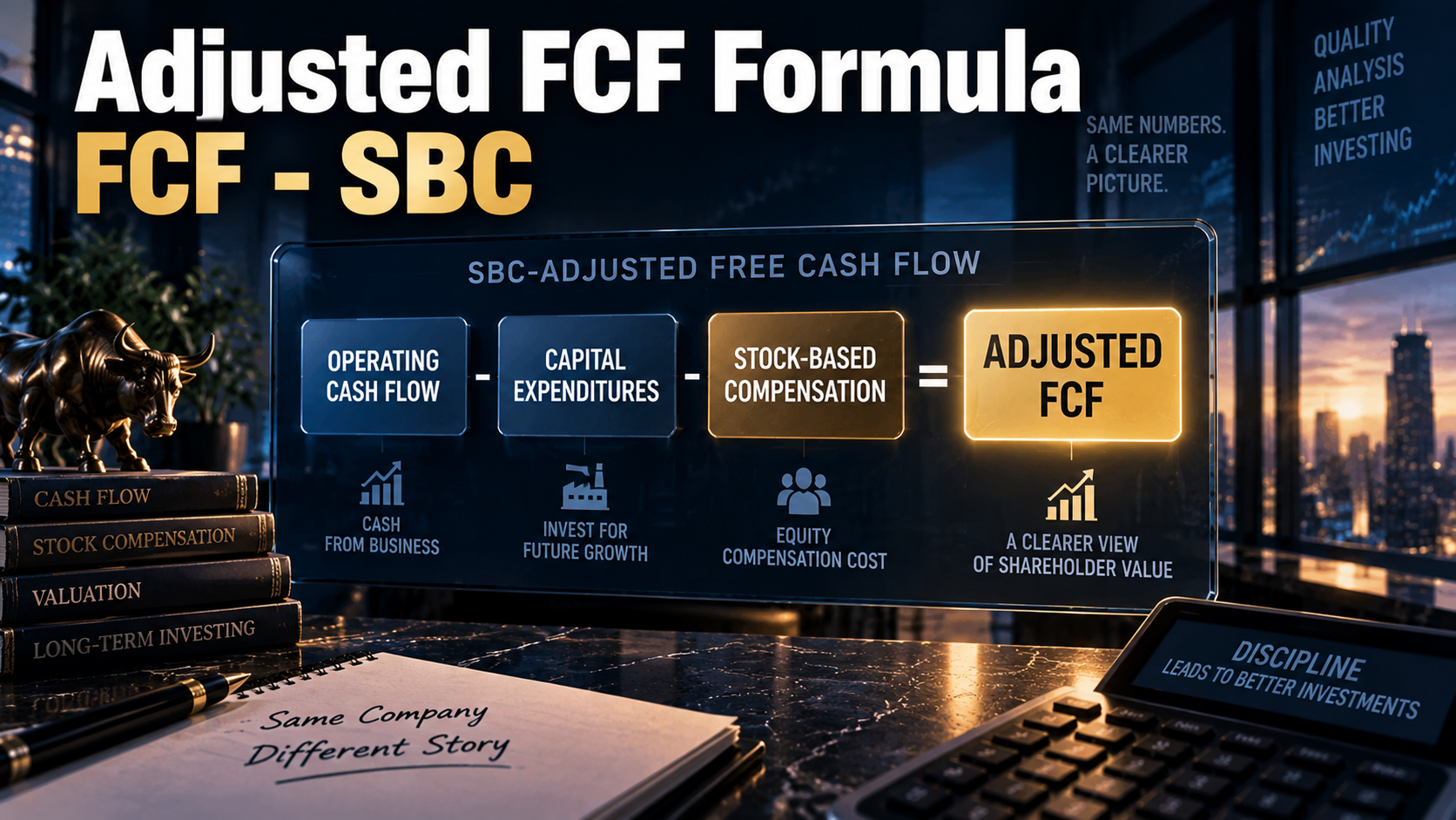 SBC-adjusted free cash flow formula using operating cash flow, capital expenditures, and stock-based compensation