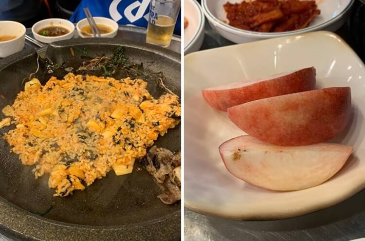 김치 볶음밥과 서비스 복숭아