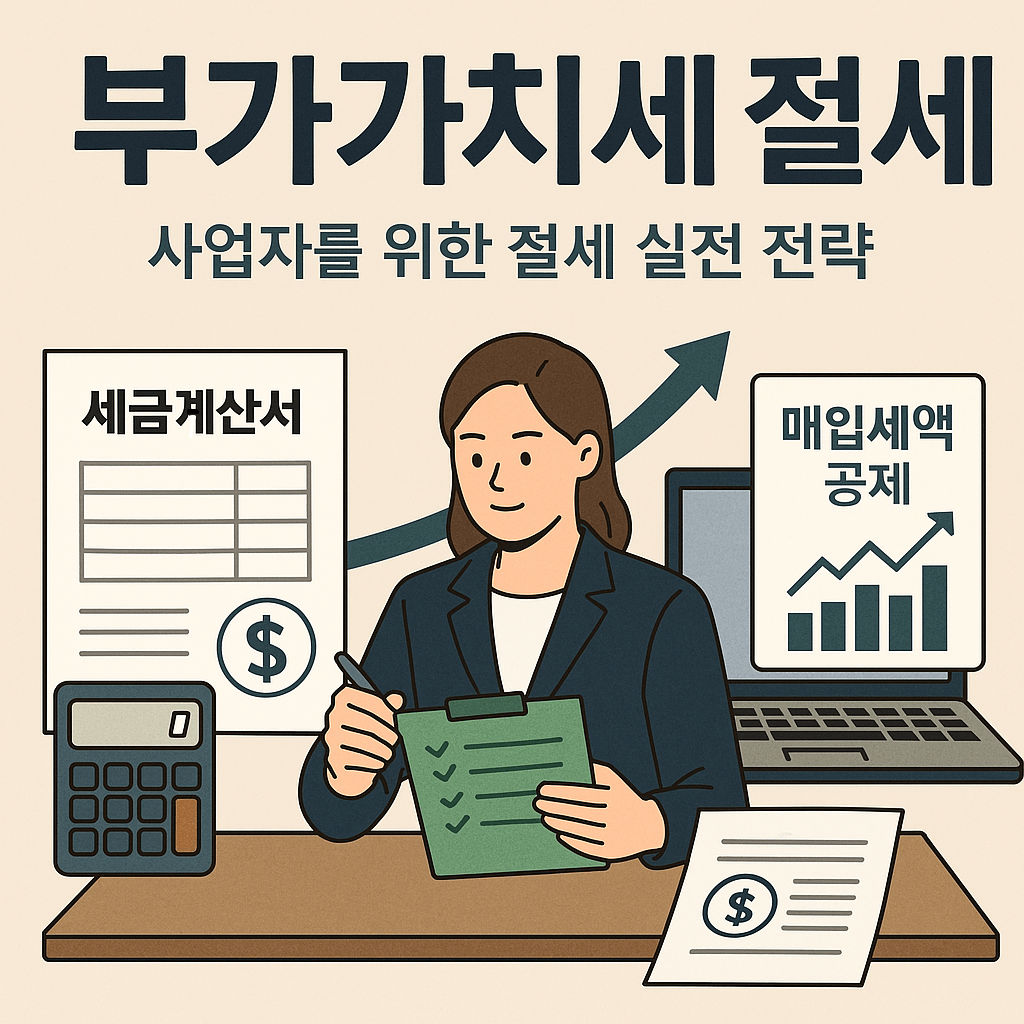 부가가치세절세,사업자를위한절세실전전략,여자사장이 서류에 뭔가 적는모습, 양옆에 계산기,컴퓨터,세금계산서,매입세액공제서류있음