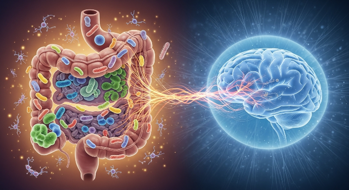 장과 뇌가 신경망으로 연결되어 상호작용하는 모습을 보여주는 과학적인 일러스트.